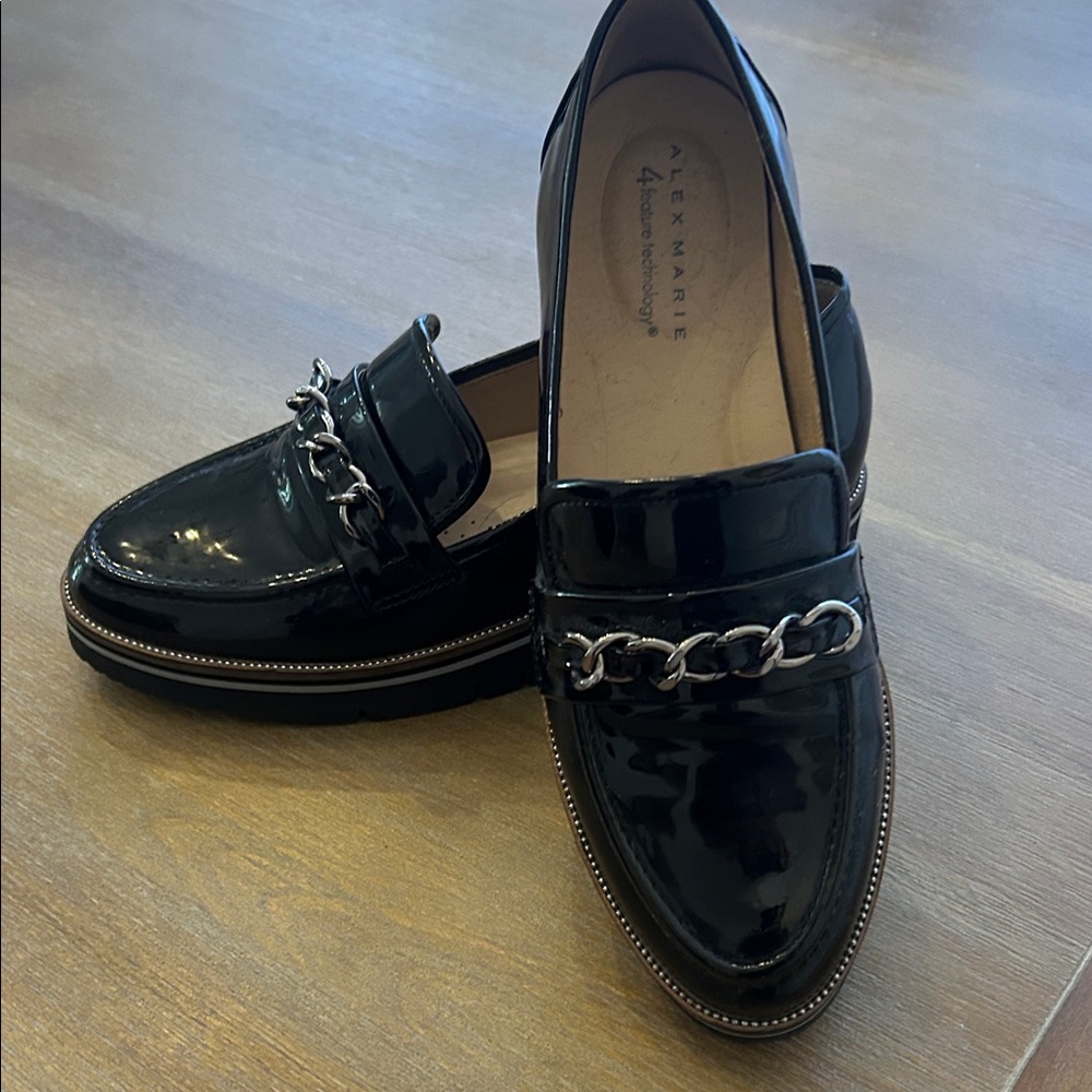 Alex Marie Shiny Black Loafers with Chain Detail